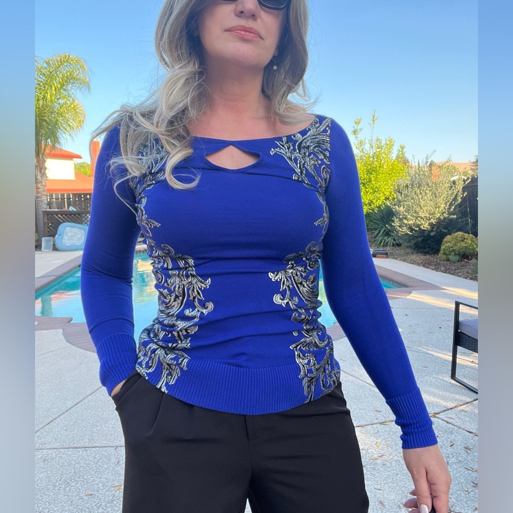 Cache Elegant Blue Women's Top with Silver Accents